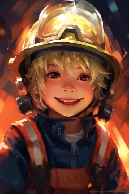 Personaje de bombero de estilo anime con fuego