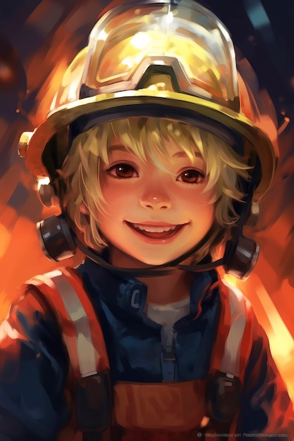 Personaje de bombero de estilo anime con fuego