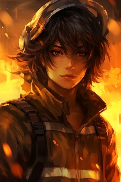 Foto gratuita personaje de bombero de estilo anime con fuego