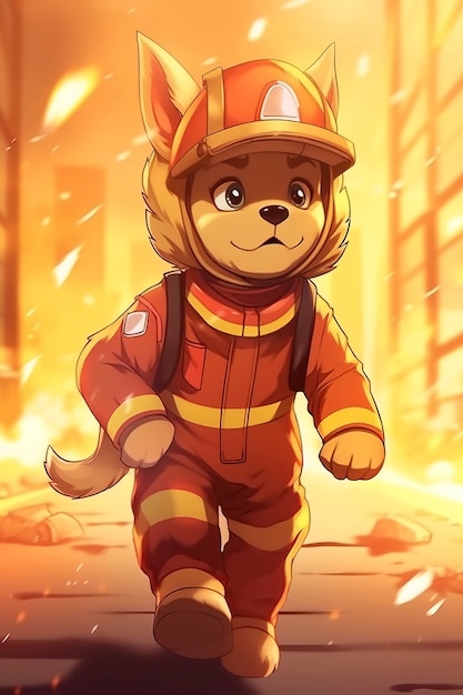 Personaje de bombero de estilo anime con fuego