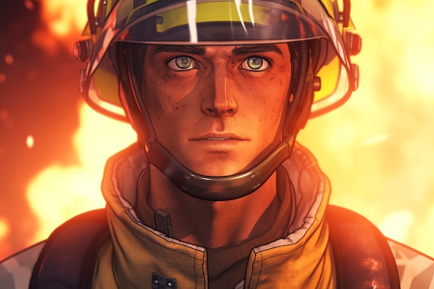 Personaje de bombero de estilo anime con fuego