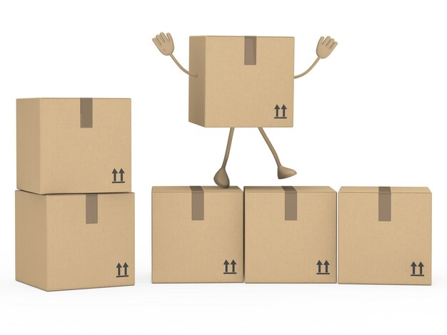 Personaje con los brazos levantados encima de algunas cajas