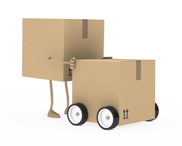 Personaje de cartón moviendo una caja