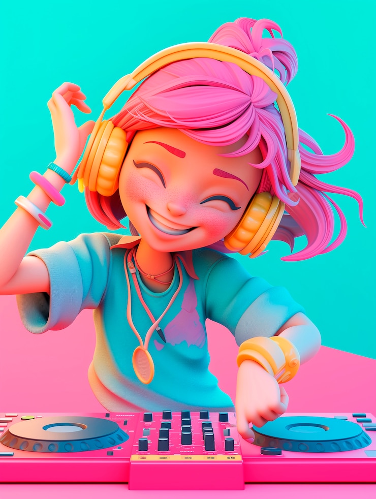 Foto gratuito un personaje de dibujos animados en 3d haciendo de dj en una fiesta.