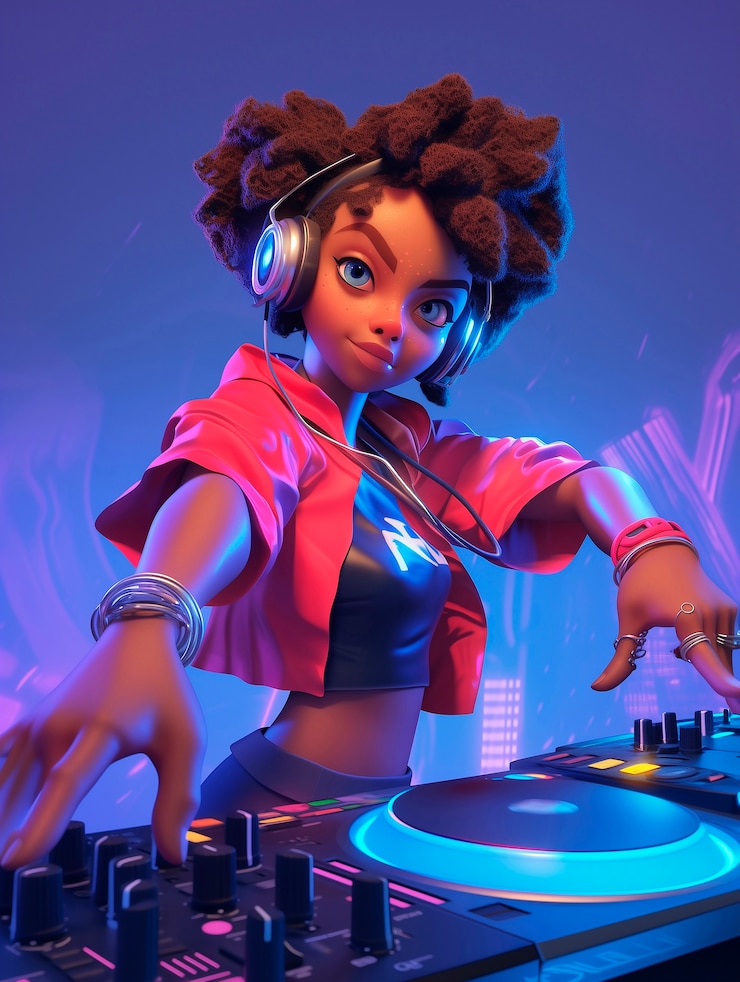 Foto gratuito un personaje de dibujos animados en 3d haciendo de dj en una fiesta.
