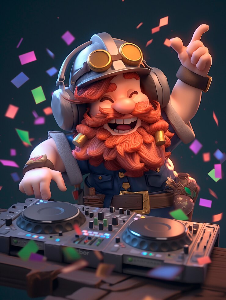 Foto gratuito un personaje de dibujos animados en 3d haciendo de dj en una fiesta.