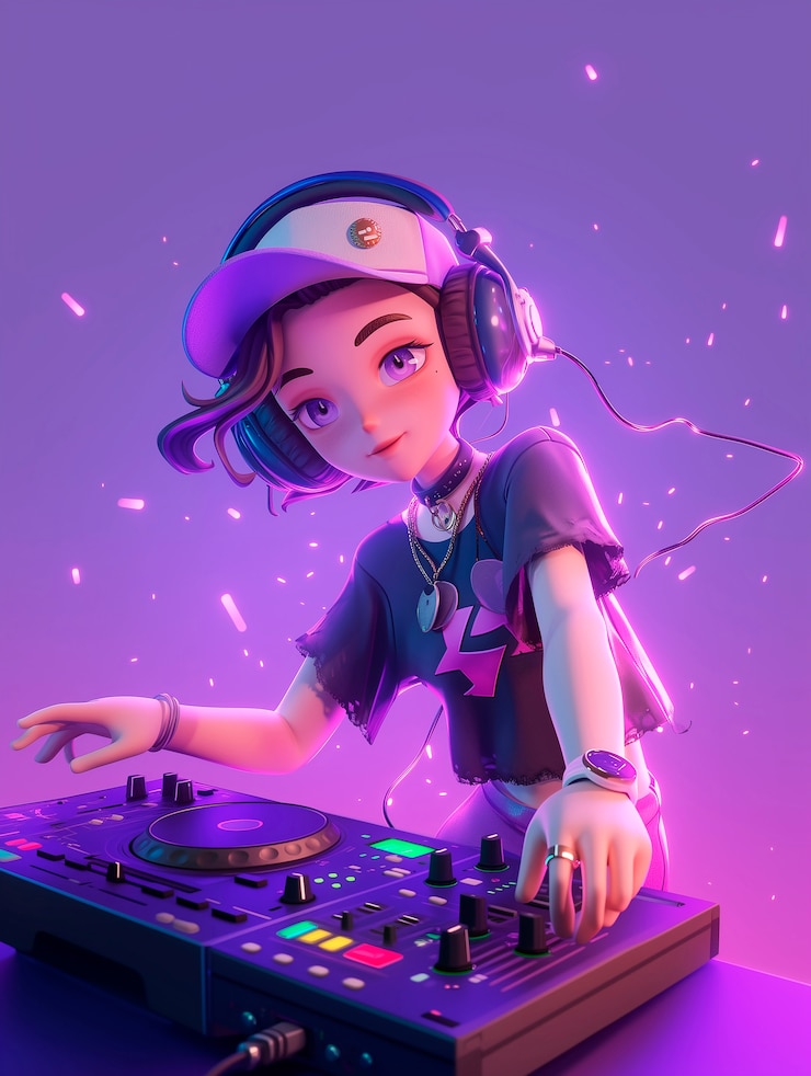 Foto gratuito un personaje de dibujos animados en 3d haciendo de dj en una fiesta.