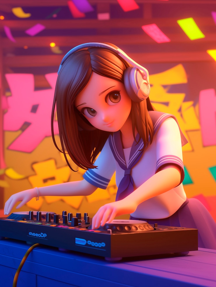 Foto gratuito un personaje de dibujos animados en 3d haciendo de dj en una fiesta.