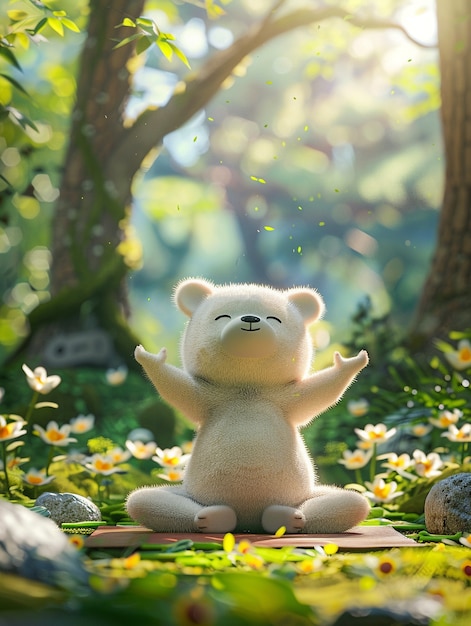 Personaje de dibujos animados en 3D practicando yoga