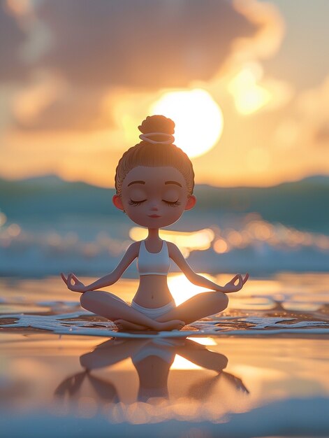 Personaje de dibujos animados en 3D practicando yoga