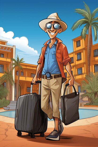 Un personaje de dibujos animados viajando