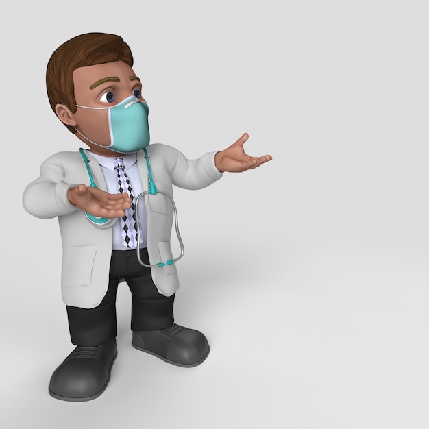 Personaje de doctor de dibujos animados 3D en mascarilla