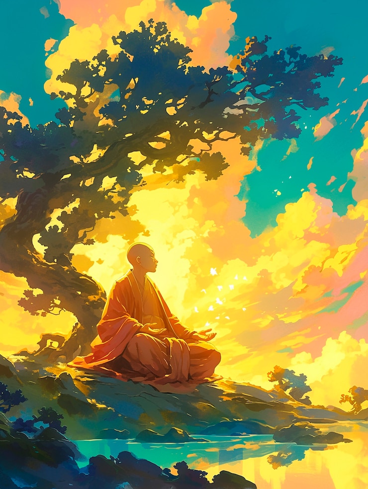Foto gratuito personaje de estilo anime meditando y contemplando la atención plena