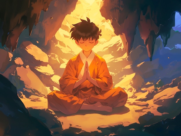 Foto gratuita personaje de estilo anime meditando y contemplando la atención plena