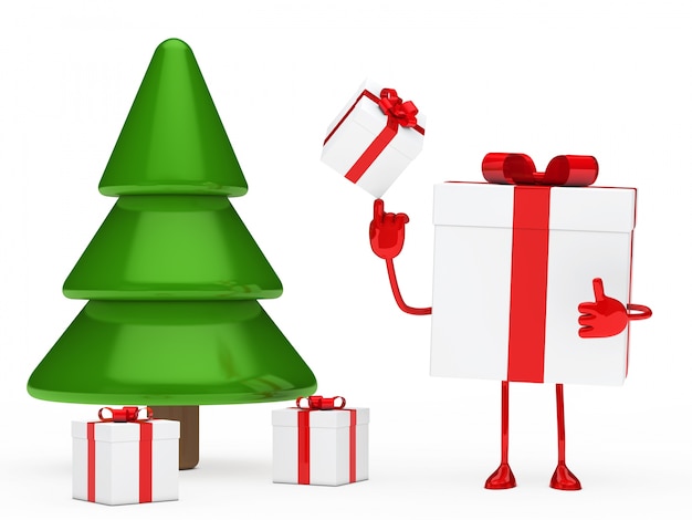 Personaje jugando junto a un árbol de navidad
