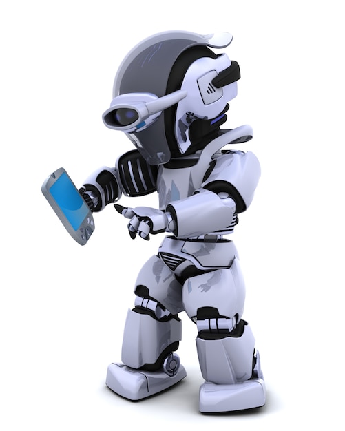 Foto gratuita personaje de robot con un móvil
