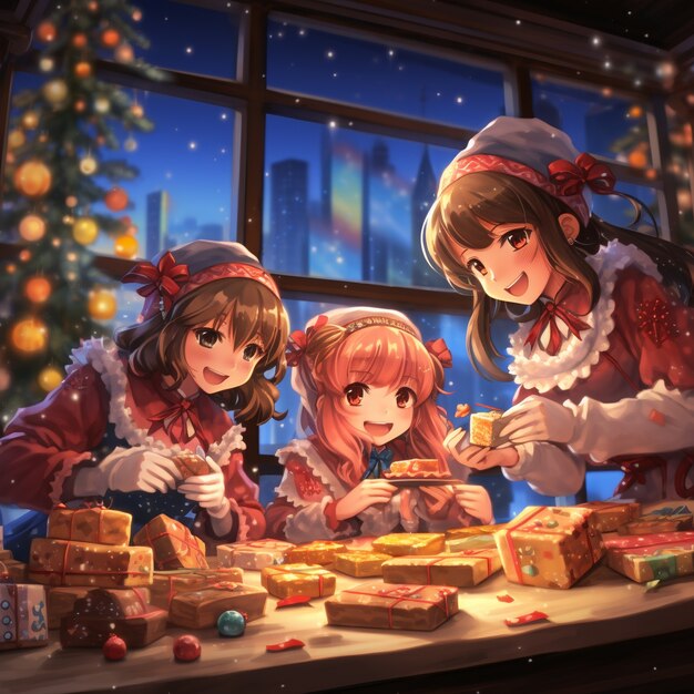 Personajes de anime celebrando la Navidad