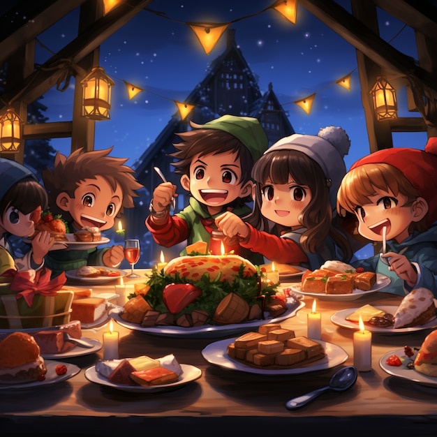 Foto gratuita personajes de anime celebrando la navidad