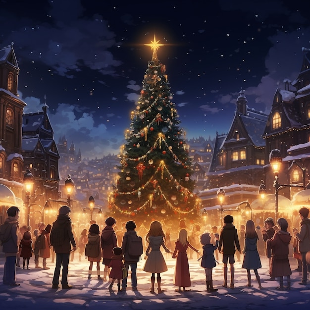 Personajes de anime en la temporada navideña de la ciudad