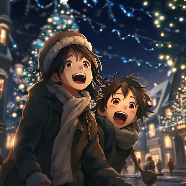 Foto gratuita personajes de anime en la temporada navideña de la ciudad