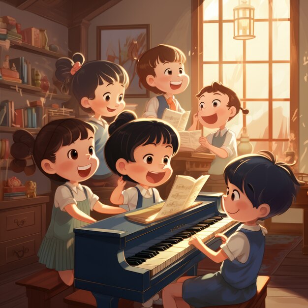 Personajes de anime tocando el piano y cantando