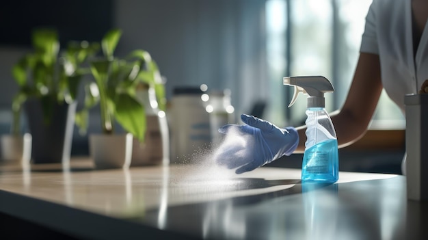 Personal de limpieza profesional desinfectando un escritorio de oficina con aerosoles y toallitas