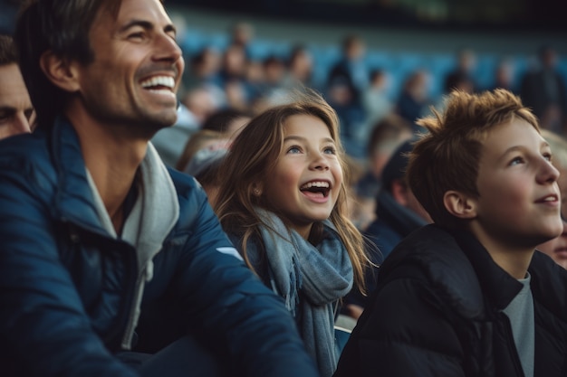 Personas asistiendo y disfrutando de un partido de fútbol.