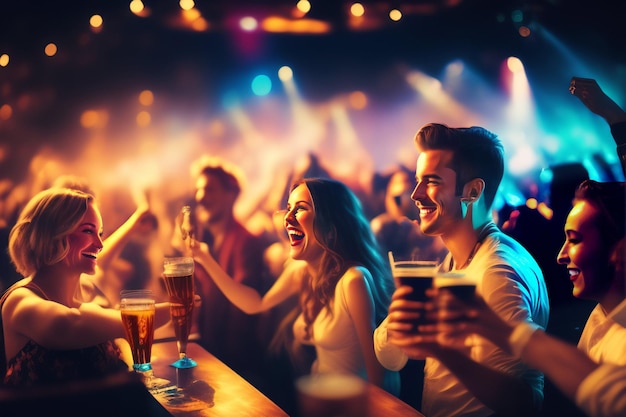 Personas en un bar con vasos de cerveza frente a ellos.