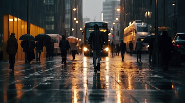 personas borrosas cruzando la calle en clima lluvioso