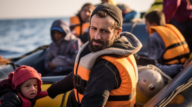 Foto gratuita personas con chalecos salvavidas en una crisis migratoria