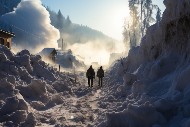 Personas en condiciones extremas de nieve y clima invernal.