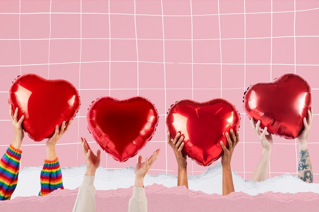 Personas con corazones para San Valentín y rsquo; Celebración multimedia remezclada