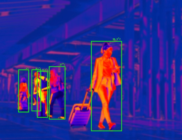 Personas en escaneo térmico colorido con temperatura en grados centígrados