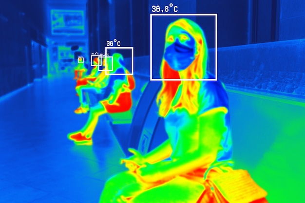 Foto gratuita personas en escaneo térmico colorido con temperatura en grados centígrados