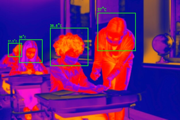 Personas en escaneo térmico colorido con temperatura en grados centígrados