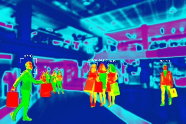 Personas en escaneo térmico colorido con temperatura en grados centígrados