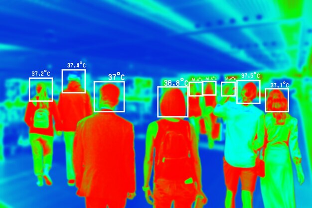 Personas en escaneo térmico colorido con temperatura en grados centígrados
