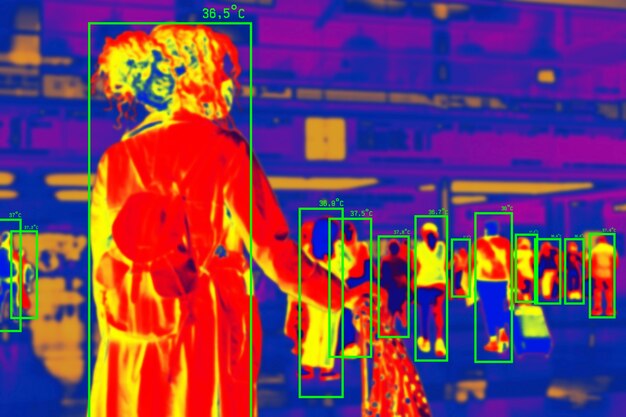 Personas en escaneo térmico colorido con temperatura en grados centígrados