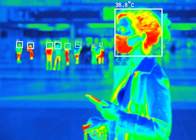 Personas en escaneo térmico colorido con temperatura en grados centígrados