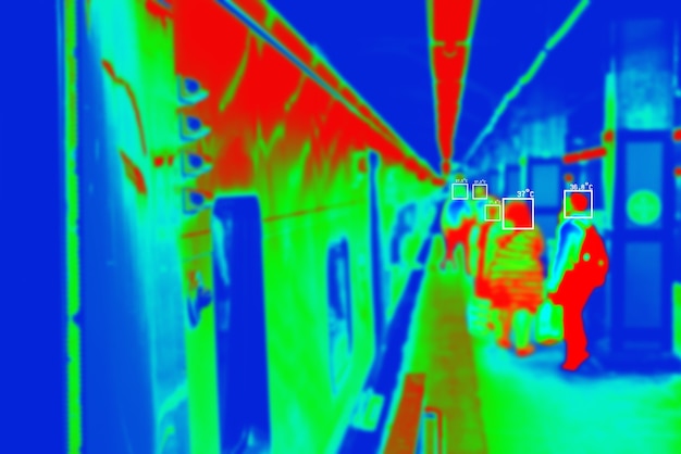 Personas en escaneo térmico colorido con temperatura en grados centígrados