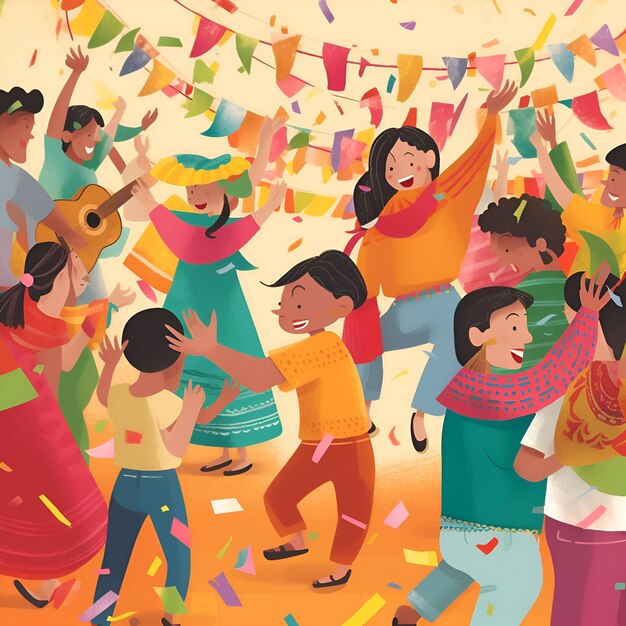 Personas indias felices celebrando el festival Holi en la India Ilustración vectorial Personas indias felices bailando y divirtiéndose juntas