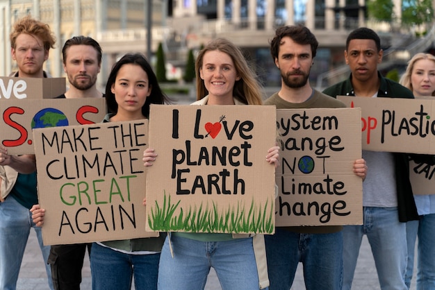 Personas marchando juntas en protesta por el calentamiento global