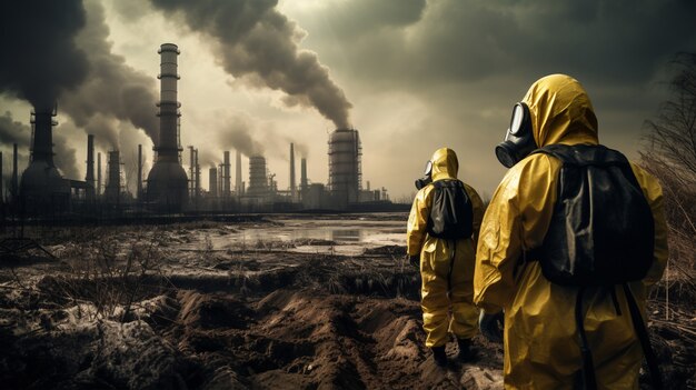 Personas con materiales peligrosos y máscaras afuera de una planta de energía nuclear