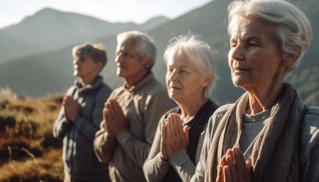 Personas mayores activas que disfrutan de la relajación de la naturaleza y la unión generada por IA