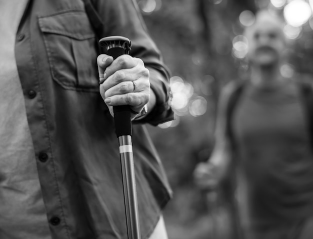 Personas mayores trekking en un bosque