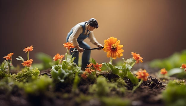 Personas en miniatura Granjero plantando flores en el jardín Concepto de jardinería