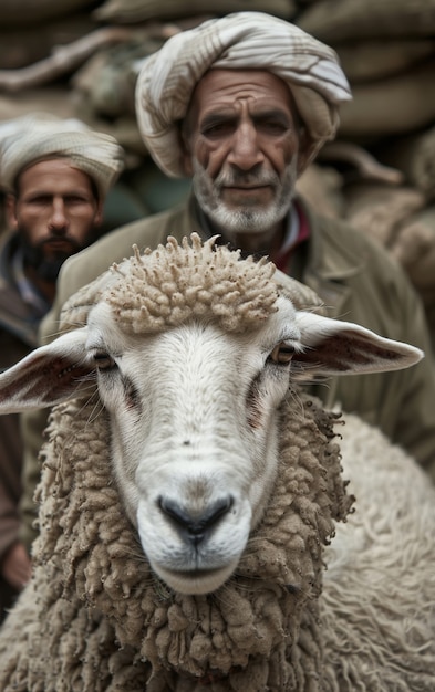 Foto gratuita personas musulmanas con animales fotorrealistas preparados para la ofrenda del eid al-adha