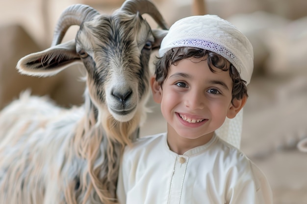 Foto gratuita personas musulmanas con animales fotorrealistas preparados para la ofrenda del eid al-adha