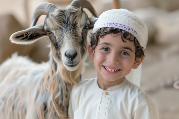 Personas musulmanas con animales fotorrealistas preparados para la ofrenda del eid al-adha