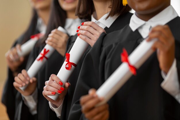 Personas que se gradúan con primeros planos de diplomas